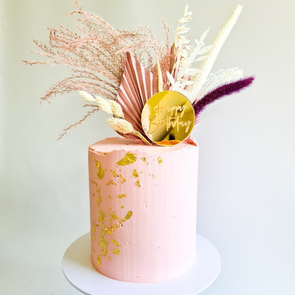 Pink dried flower birthday celebration cake Isle of Man